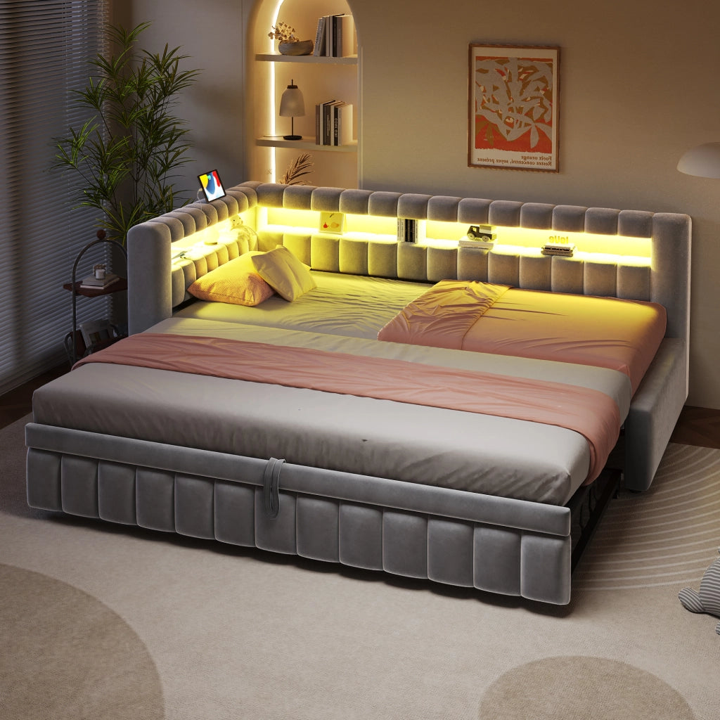 Divano letto con LED, testiera contenitore e USB, 90x200 cm, grigio chiaro