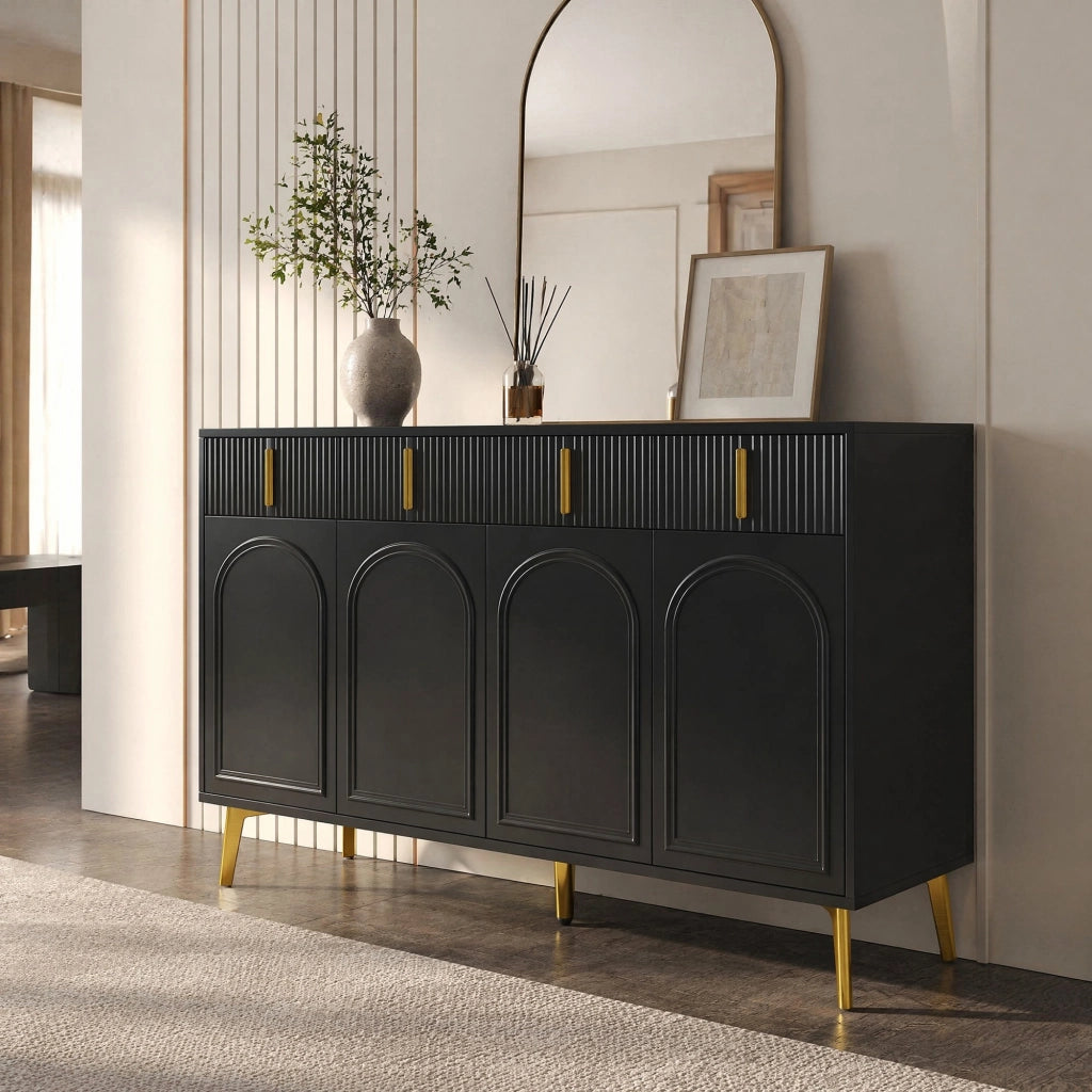 Sideboard con 4 ante e 4 cassetti; ripiani regolabili; 140x38x82 cm; nero