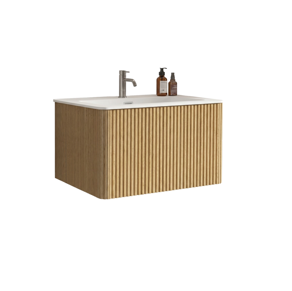 Mobile sottolavabo 80 cm con lavabo in Solid Surface, MDF e compensato rovere