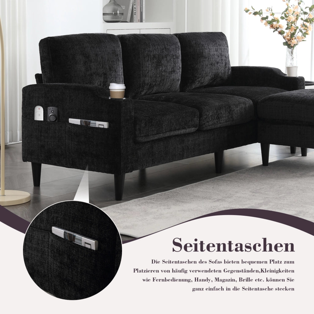 DIVANO 4 POSTI CON POUF CONTENITORE 196,5x75x77 cm CHENILLE NERO