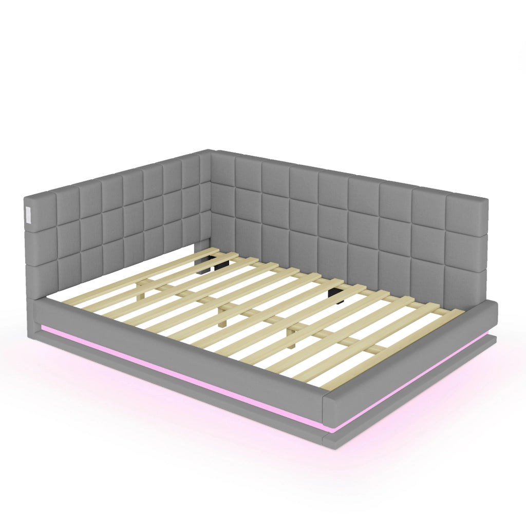 Divano letto 140x200 cm con LED multicolore e porta USB; rete a doghe; lino grigio