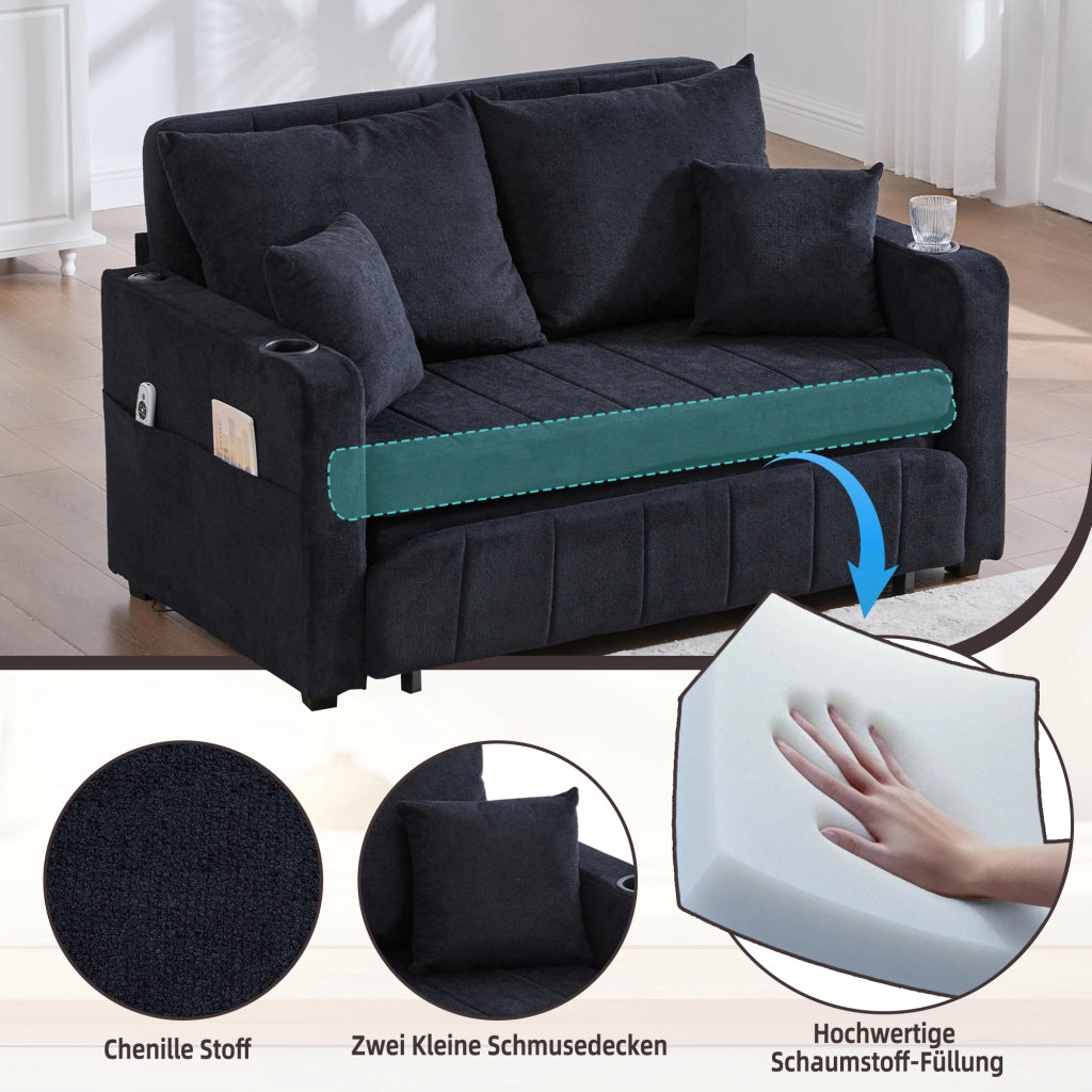 Divano letto 2 posti 139 cm, 4 cuscini, tasche contenitore, ciniglia nera, USB