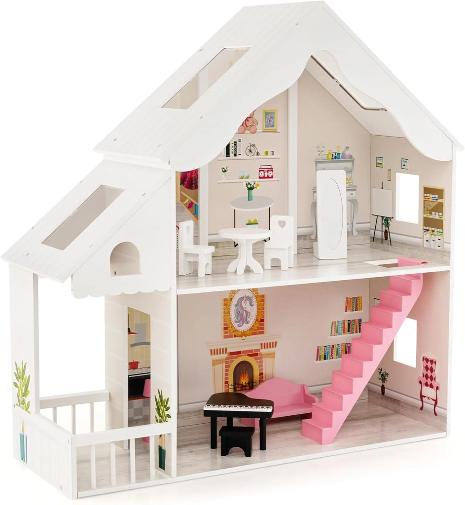 Casa delle Bambole in Legno per Bambini, Casa delle Bambole con Stanze e Set di Mobili, 2 Grandi Lucernari e Carta da Parati, per Bambini 3 Anni+, Bianco