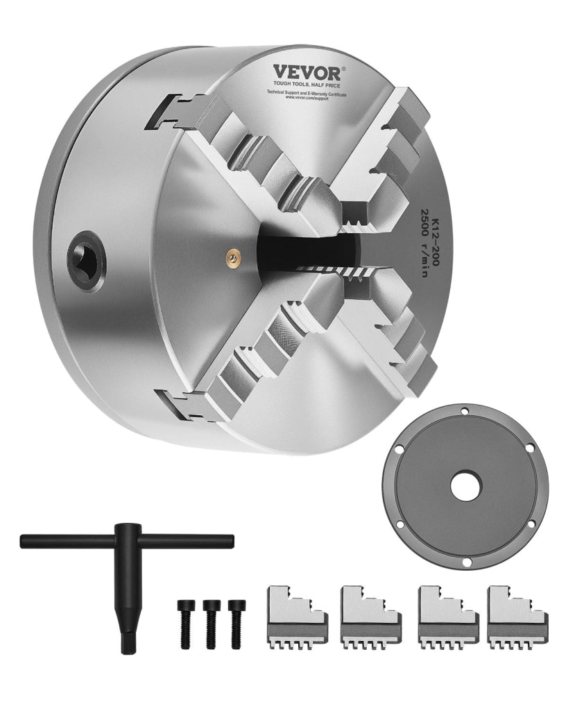 Mandrino per Tornio K12-200 a 4 Griffe Autocentrante φ200mm in HT300 con Piastra Filettata Chiave a T Robusto per Officina