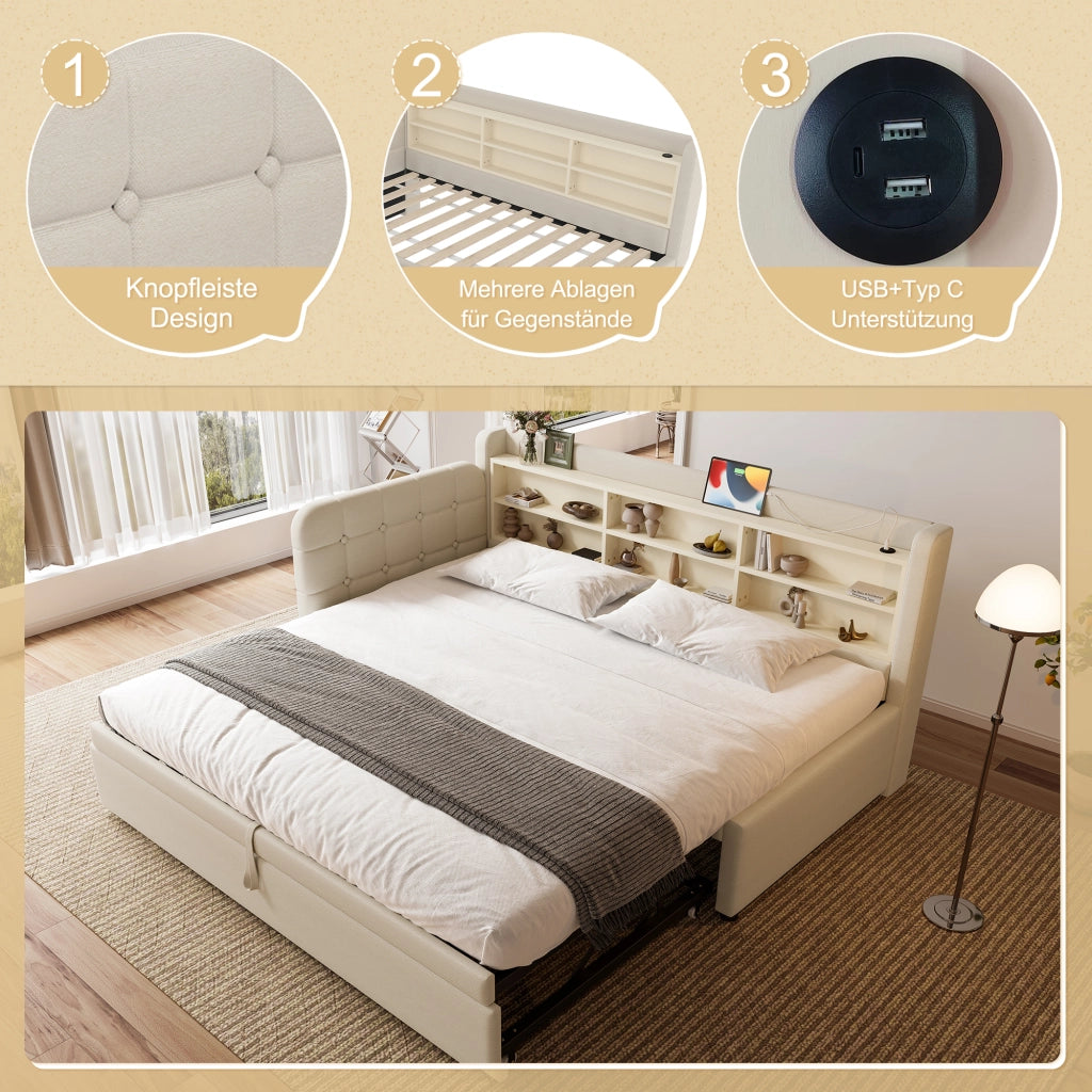 Letto singolo estraibile con USB e Type-C in lino beige con rete a doghe e ripiani integrati