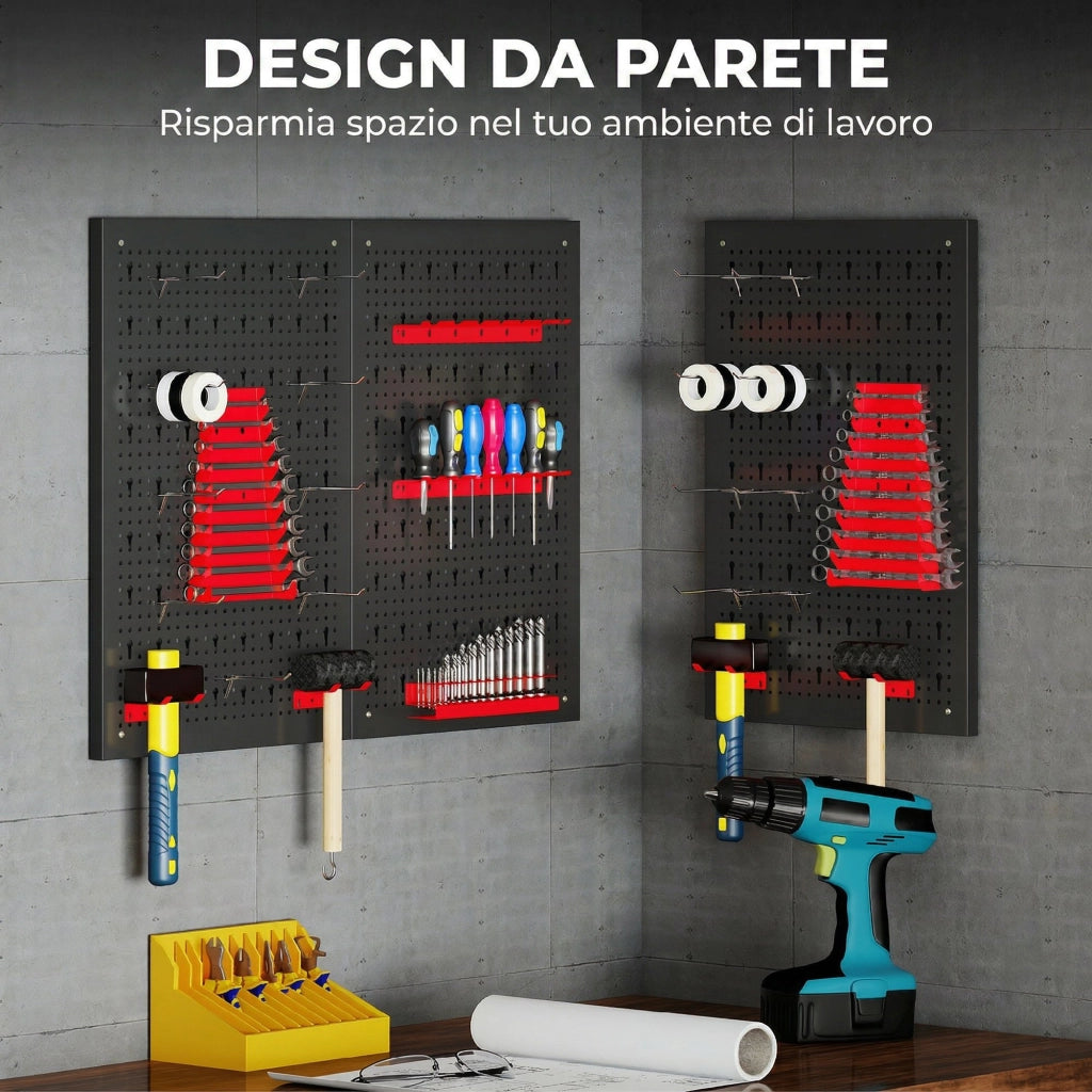 Pannelli Porta Attrezzi da Parete ¨C Minimal ¨C Acciaio, Nero e Rosso, 3 Pezzi