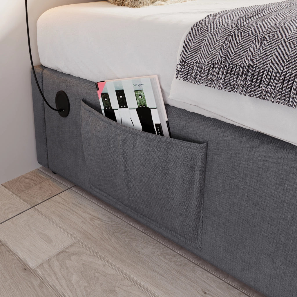 Letto imbottito con contenitore e USB-C, 160x200 cm, cotone grigio