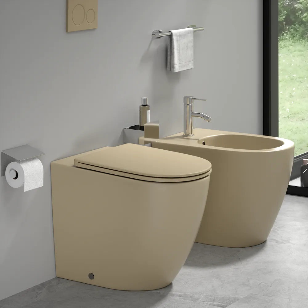 Sanitari filomuro in ceramica khaki opaco vaso rimless sedile soft-close e bidet | Europa