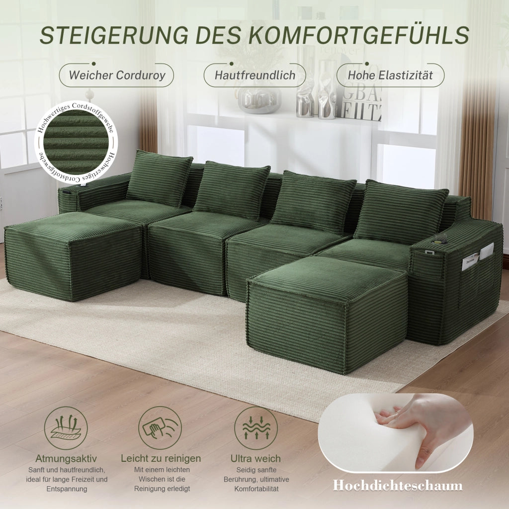 DIVANO modulare 4 posti in corduroy verde con 2 pouf