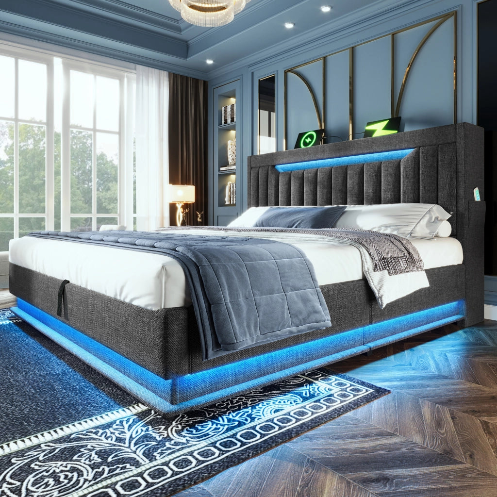 Letto matrimoniale – 180x200 cm – USBC LED testa/piedi contenitore – lino grigio
