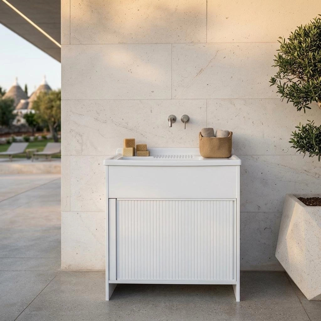 Lavatoio 45x60 con mobile in plastica apertura a serrandina - Bianco