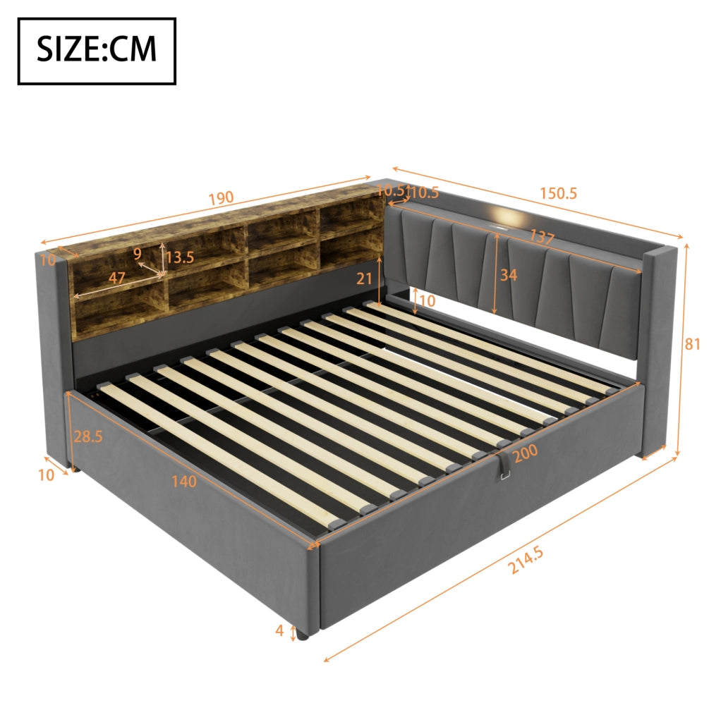Letto imbottito 140x200 cm con contenitore, USB e luce notturna