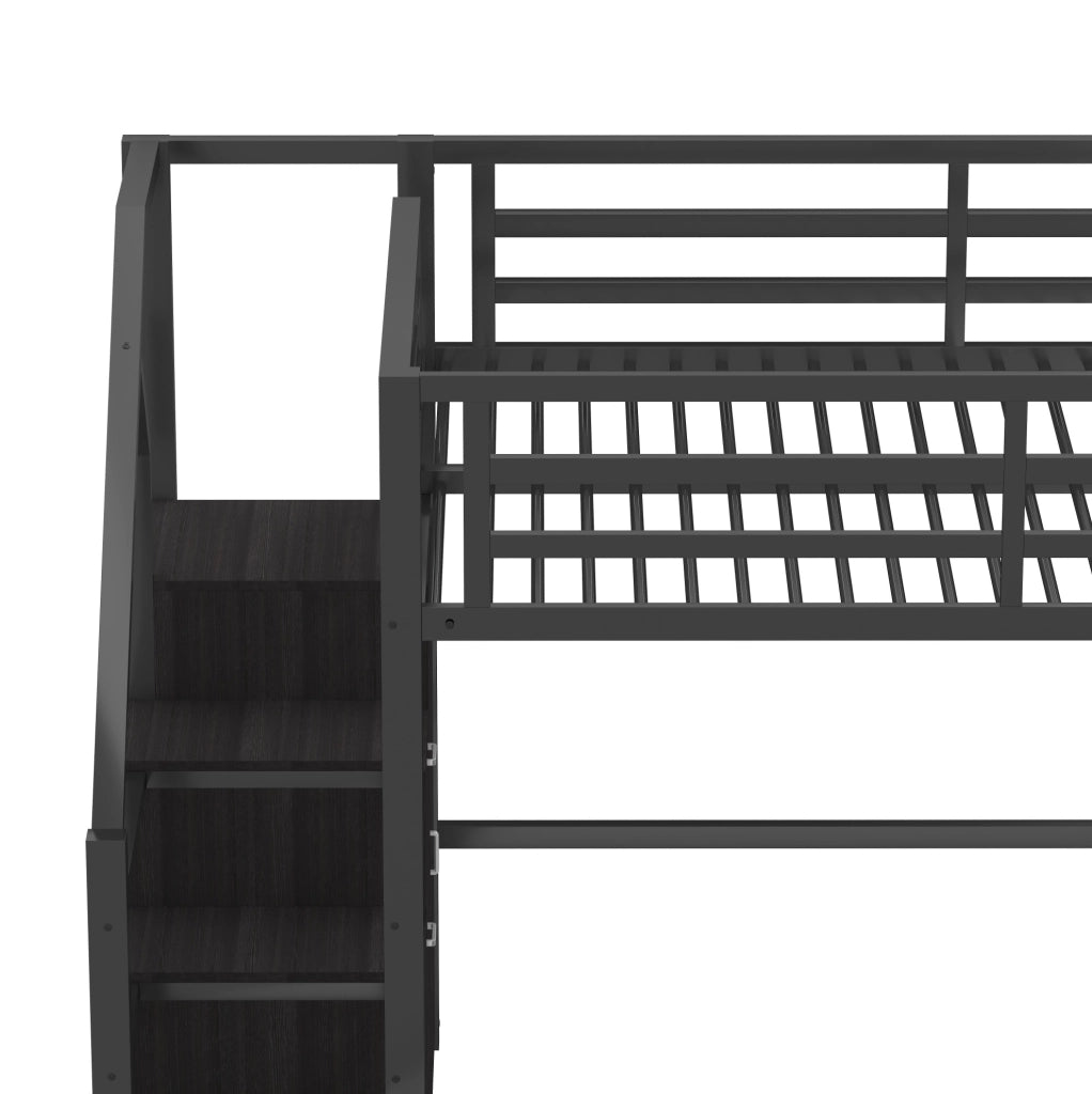 Letto a soppalco 140x200 cm con LED; libreria; armadio e scala contenitore; nero