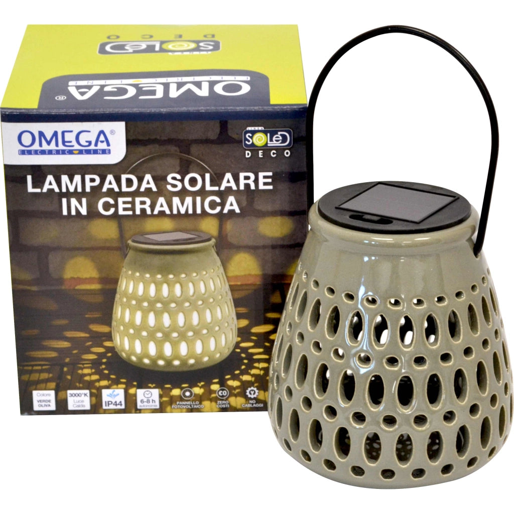Lampada solare ceramica piccola c/appendino  verde oliva