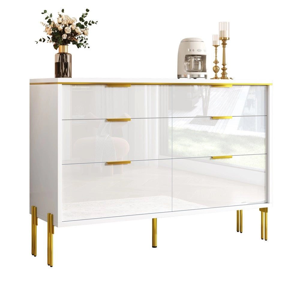 Credenza Moderna con 6 Cassetti ¨C MINIMAL ¨C Bianco e Oro, Frontali Lucidi, Soggiorno