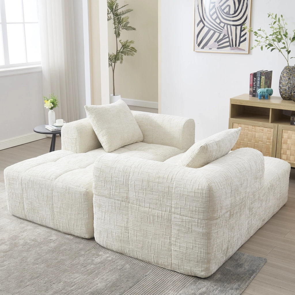 Divano modulare a L in chenille beige con chaise longue, 3 cuscini e tasche laterali
