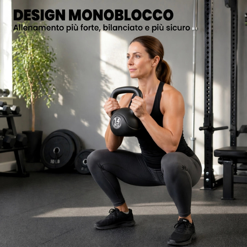 Kettlebell 14kg con Base Piatta e Impugnatura in Plastica e Sabbia Nero