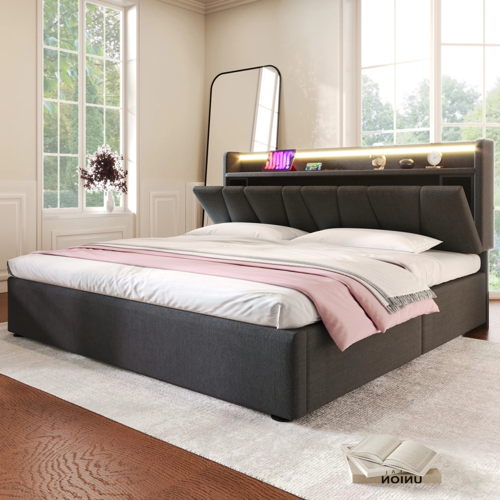 Letto contenitore matrimoniale 160 × 200 cm con testiera portaoggetti, USB, Type-C e LED RGBW, materasso incluso, grigio