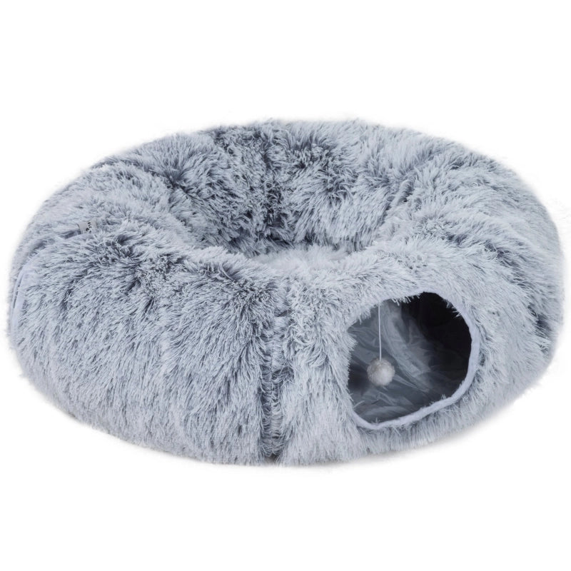 Tunnel per gatti pieghevole in tessuto peluche grigio chiaro con cuscino e struttura in metallo, tana per gatti