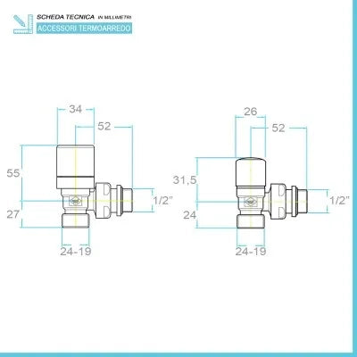 Kit valvola e detentore raccordi multi 16x2 e testa termostatica bianca