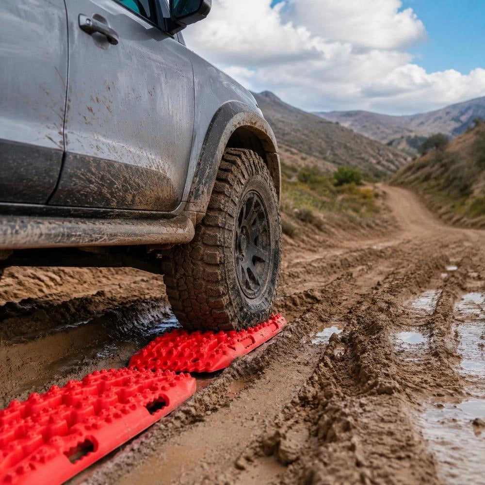 10-TON Traction Boards Made Of PP Material, Recovery Boards For Off-road Vehicles/cars/pickups/SUVs/motorhomes, Pair Of Tire Traction Mats For Snow, Sand, Mud And Loose Surfaces, Storage Bag, Long, Red