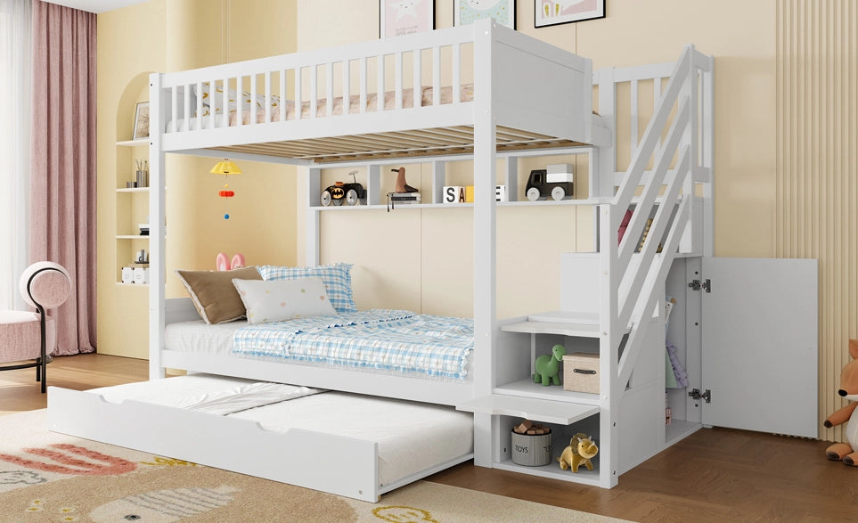 Letto a castello per bambini con letto estraibile, armadio, ripiani e scaletta contenitore, 90x200 cm, bianco