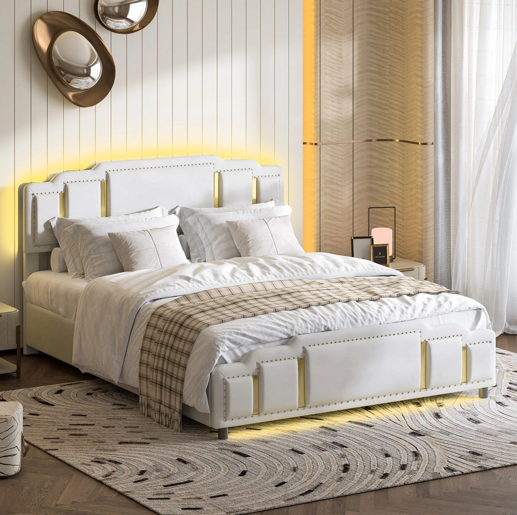 Letto contenitore 140x200 cm in velluto beige con LED