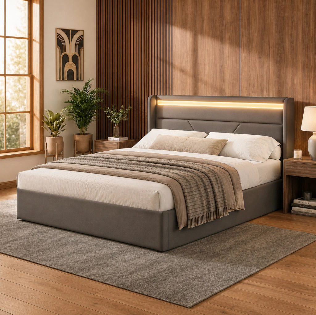 LETTO Contenitore 140x200 cm in PU Grigio con LED e telecomando