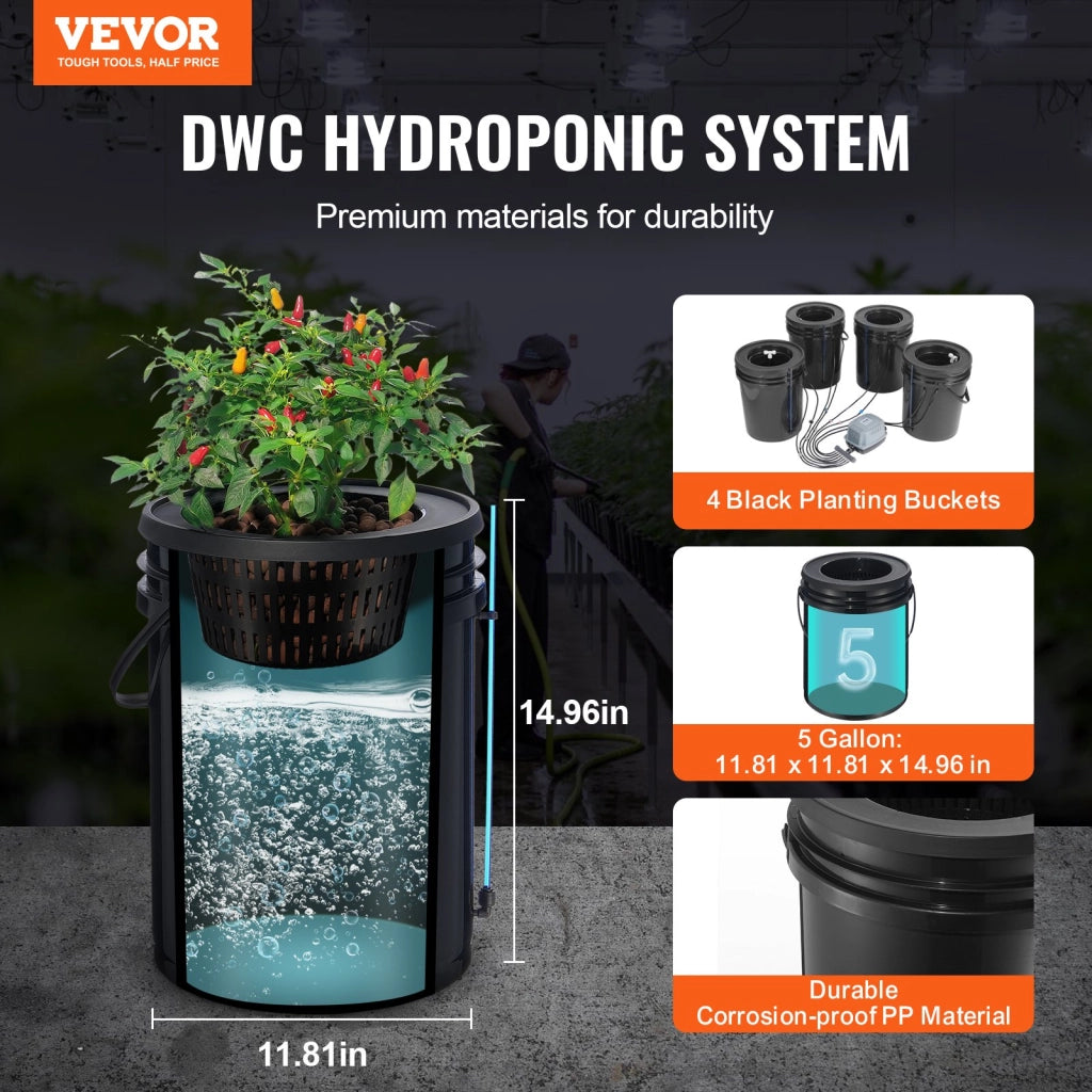 Kit Sistema di Coltivazione Idroponica DWC 4 Secchi da 20L in Polipropilene con Pompa Aria e Top Drip per Giardinaggio Fai da Te
