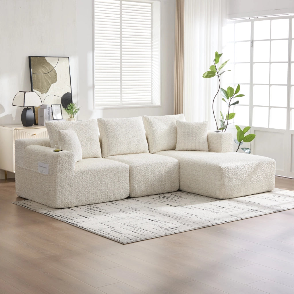 Divano modulare angolare 3 posti con braccioli larghi e tasche laterali in chenille beige
