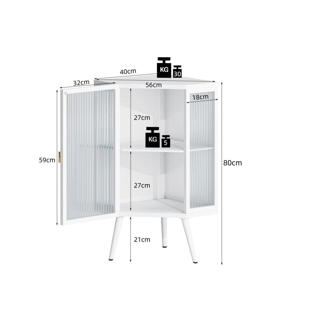 Mobile angolare 80 cm con anta e ripiani in metallo e vetro temperato bianco