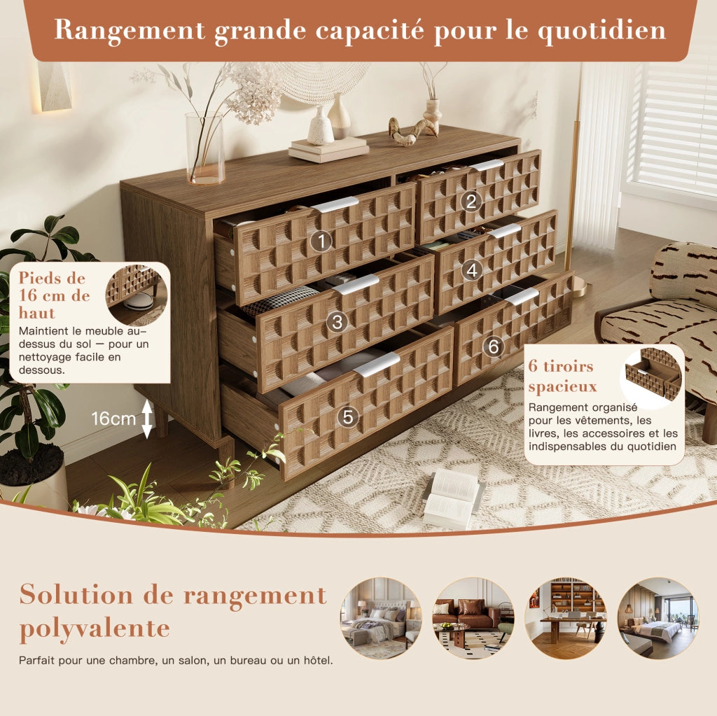Sideboard 120x37x77 cm con 6 cassetti; effetto rovere; MDF