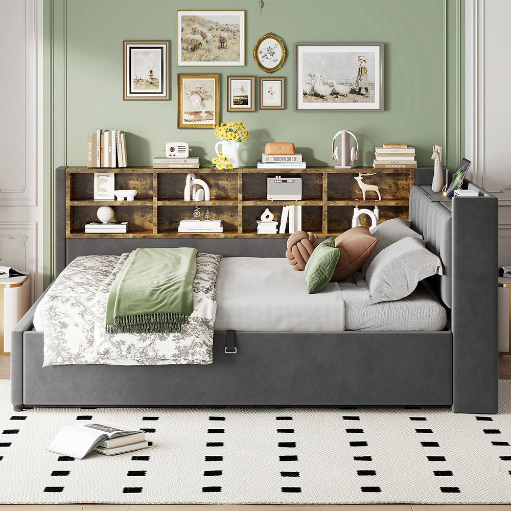 Divano letto-Xylo-140x200 cm-LED, USB-C, velluto grigio scuro