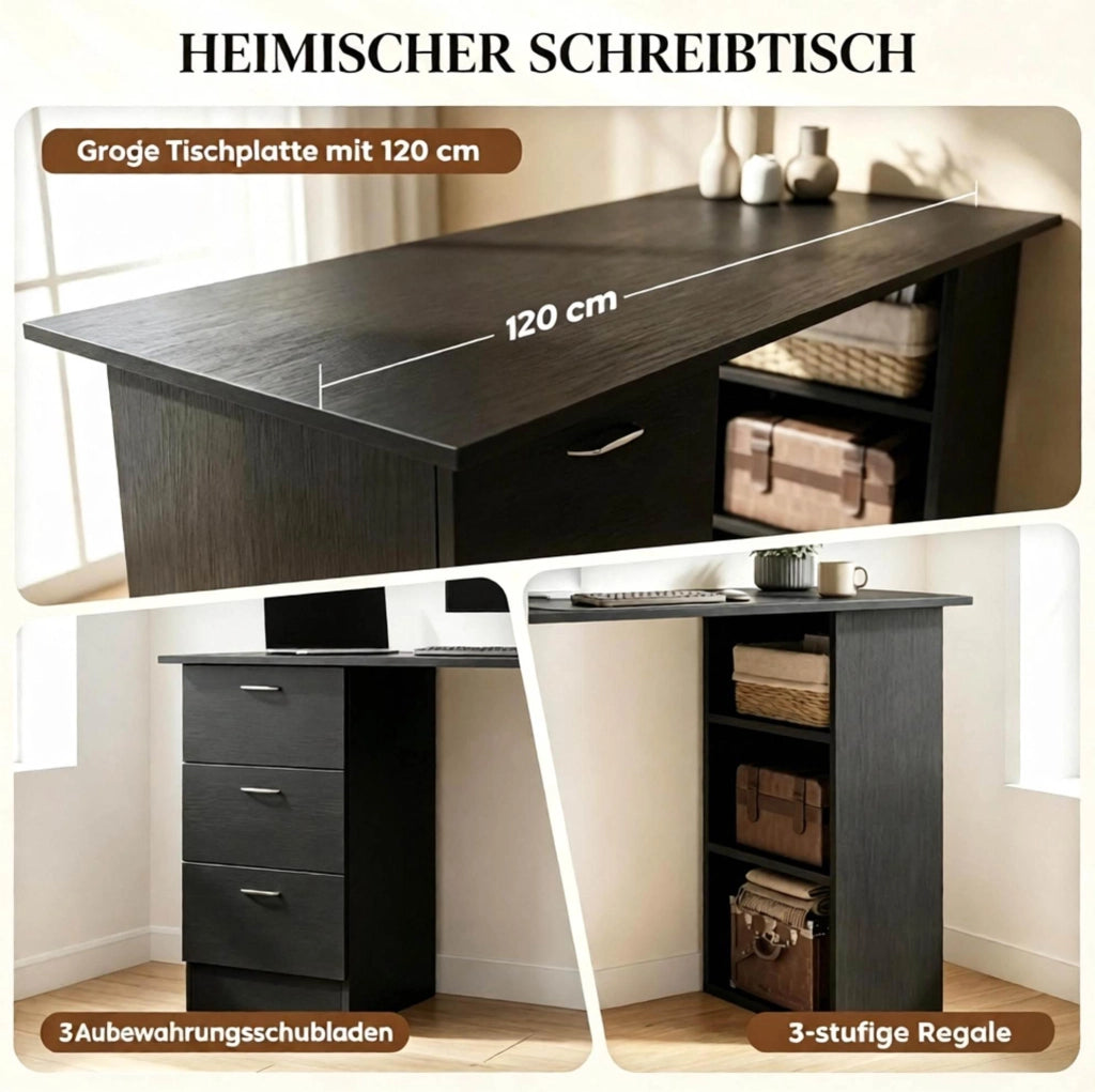 Scrivania per computer in MDF nero 120x49x72 cm con 3 ripiani e 3 cassetti