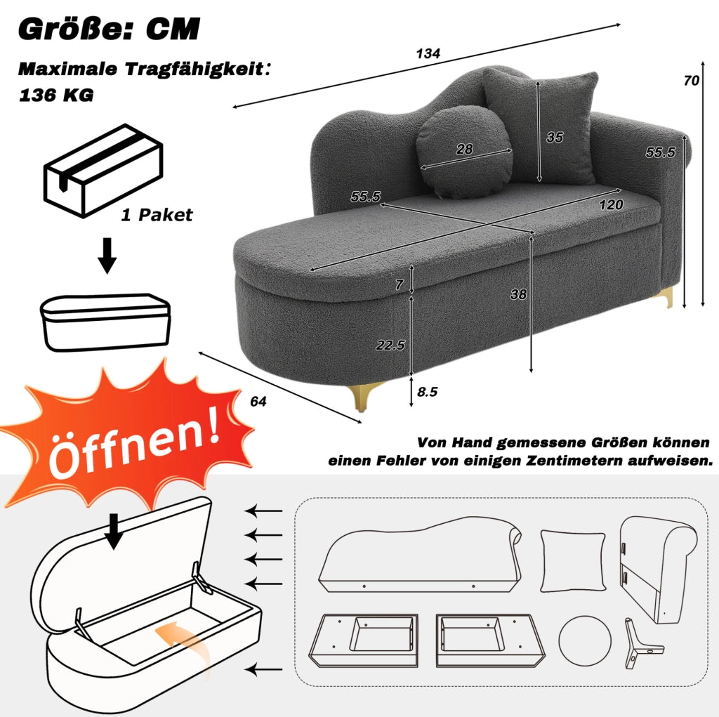 CHAISELONGUE 134 cm con contenitore, grigio antico, con 2 cuscini