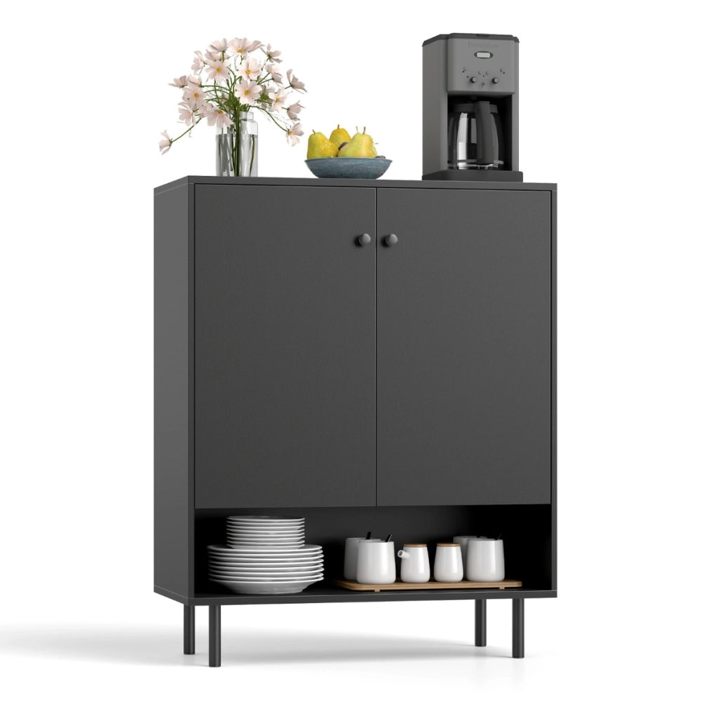 Armadio da cucina a 2 ante con ripiano regolabile e kit anti-ribaltamento, Mobile bar moderno in stile mid century Nero-Credenze buffet