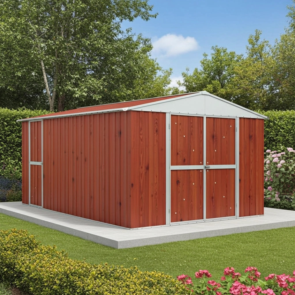 Box giardino attrezzi garage in lamiera di Acciaio Zincata 360x430m x h2.10m - 185KG - 15,48mq - LEGNO