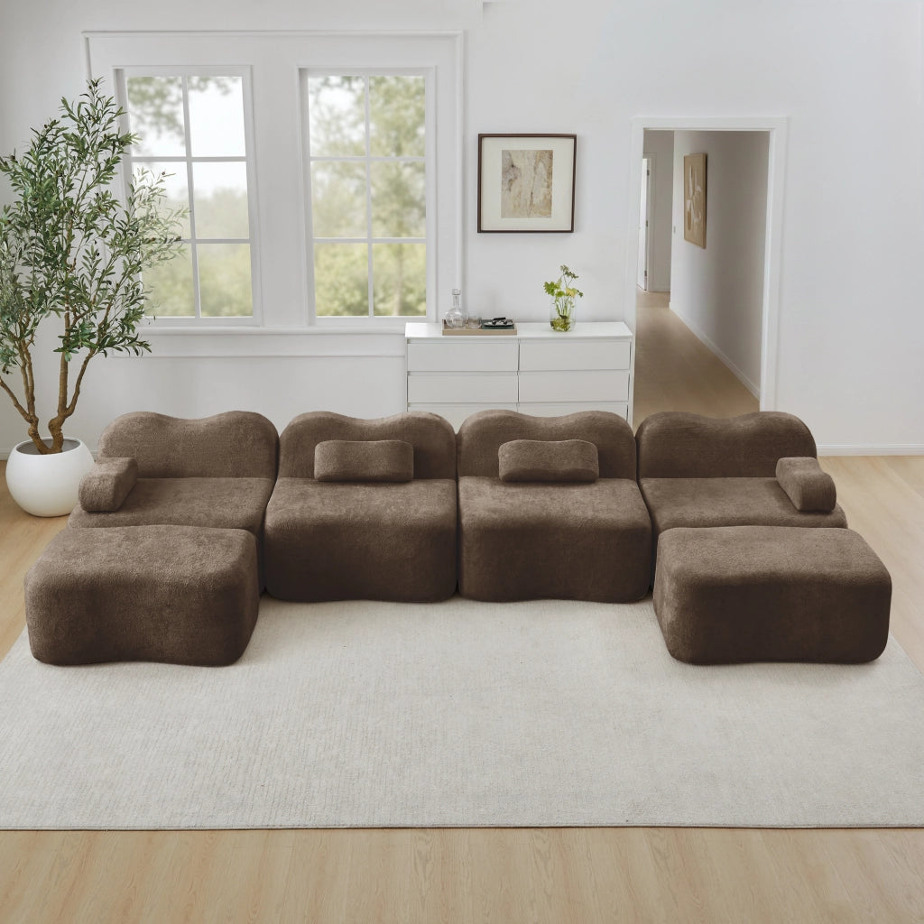 Divano Modulare U 4 Posti con 2 Ottoman ¨C MINIMAL ¨C Tessuto Marrone, Braccioli Mobili