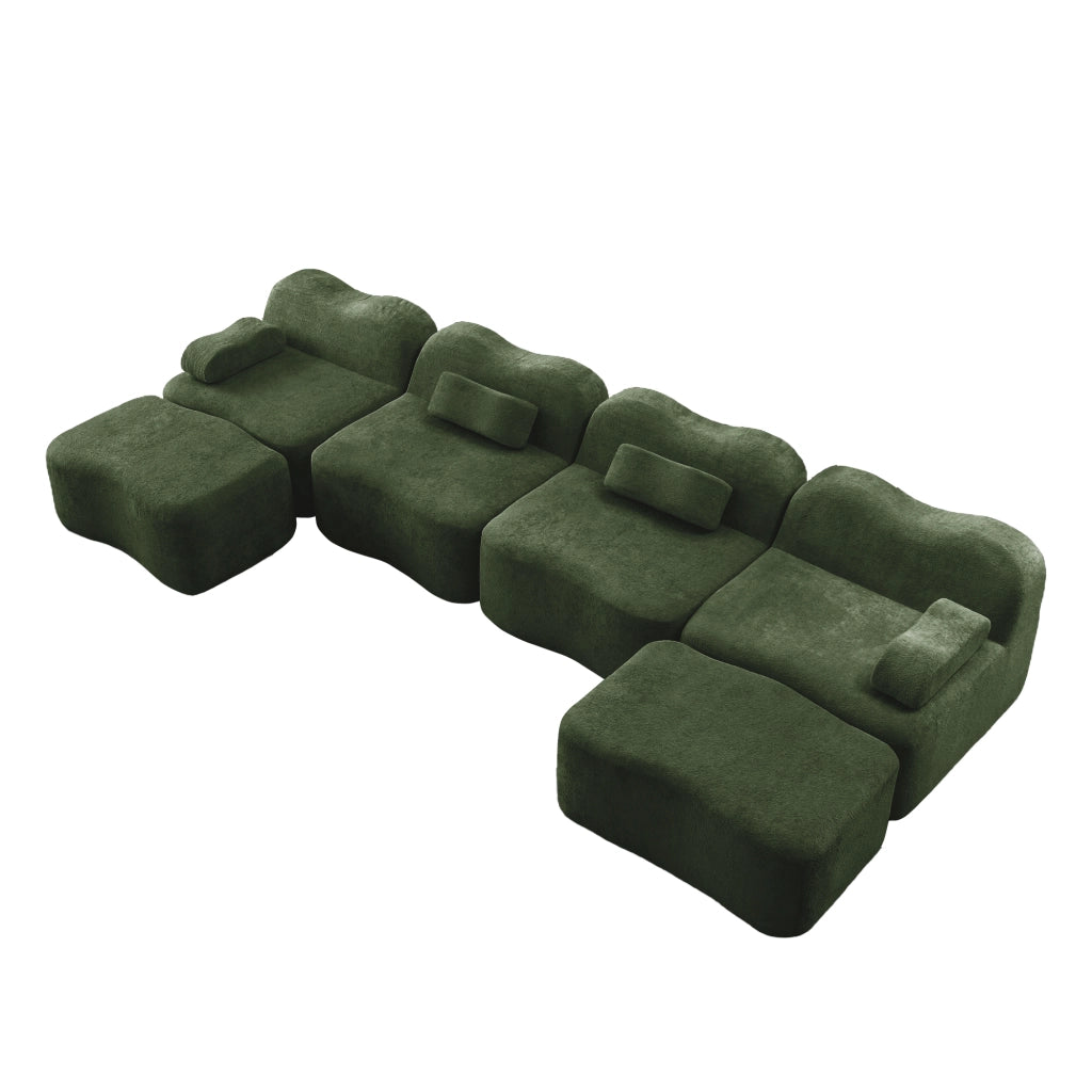 Divano Modulare U 4 Posti con 2 Ottoman ¨C MINIMAL ¨C Tessuto Verde, Cuscini Braccioli Mobili