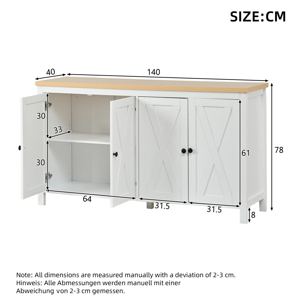 Sideboard bianco con 4 ante; 140x40x78 cm in MDF