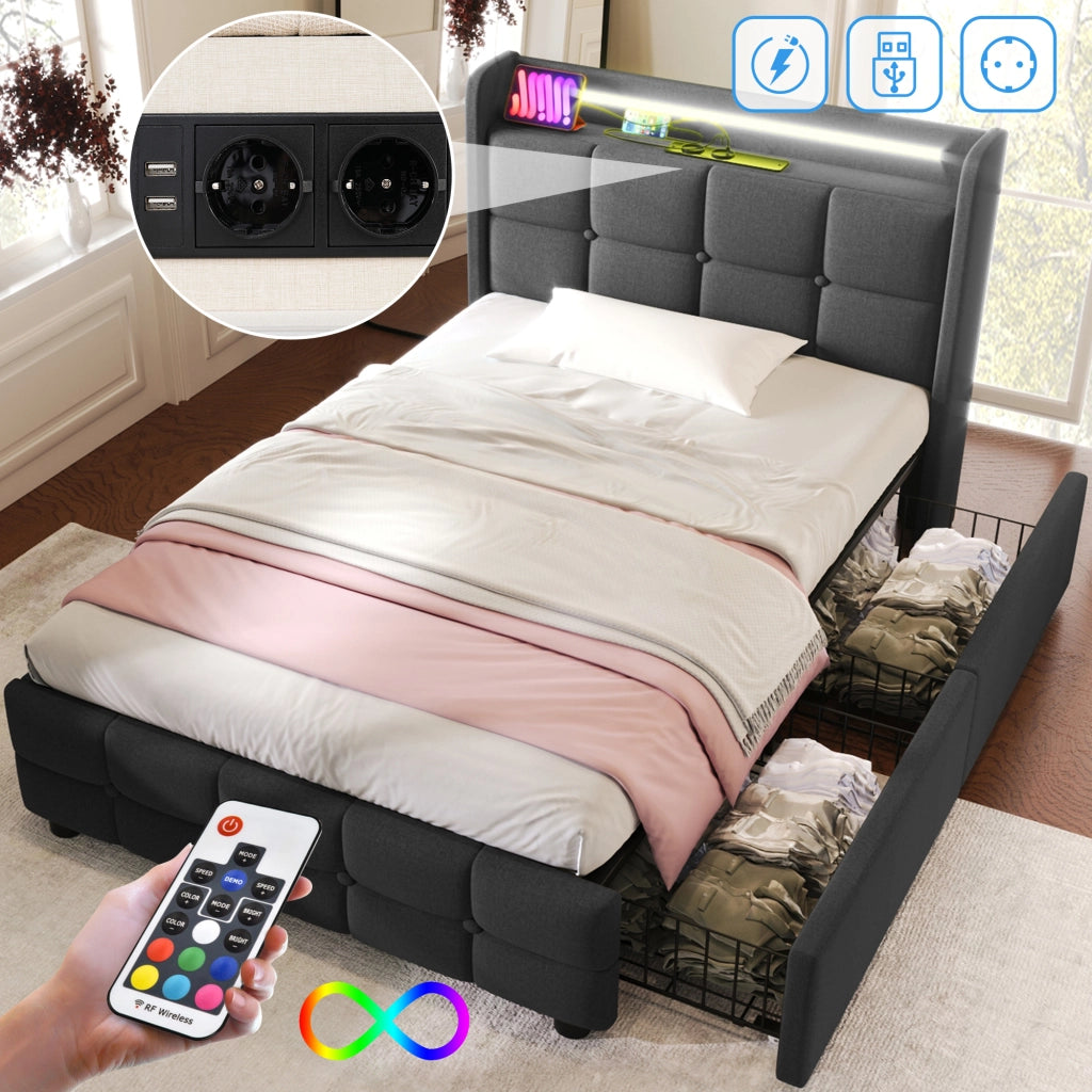 Letto imbottito con USB, LED e 2 cassetti, 90x200 cm, grigio
