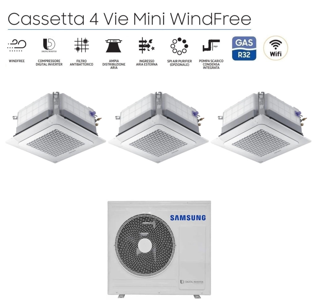 Climatizzatore Condizionatore Samsung Trial Split Inverter Cassetta 4 Vie Mini Windfree 18+18+18 con AJ100TXJ5KG/EU R-32 18000+18000+18000 Wi-Fi Optional con Griglia Inclusa