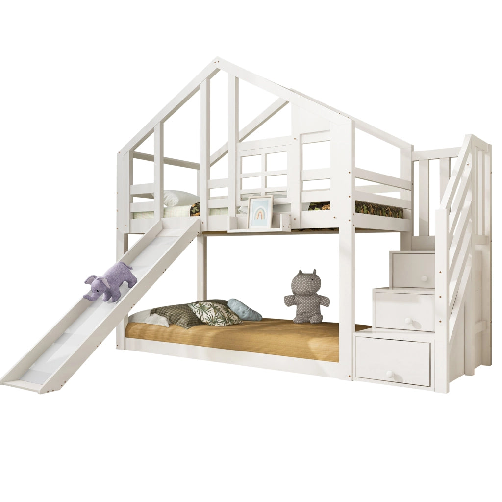 Letto a castello per bambini 90x200 cm con scivolo bianco