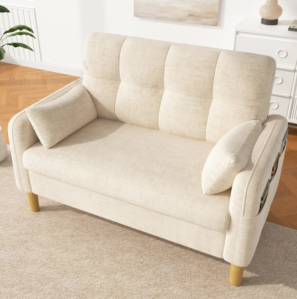 Divano a 2 posti in chenille beige con cuscini e tasca laterale, 119 x 78 x 85 cm