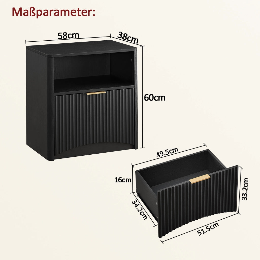 Comodino con 1 cassetto e vano aperto, per camera da letto, 58×38×60 cm, nero