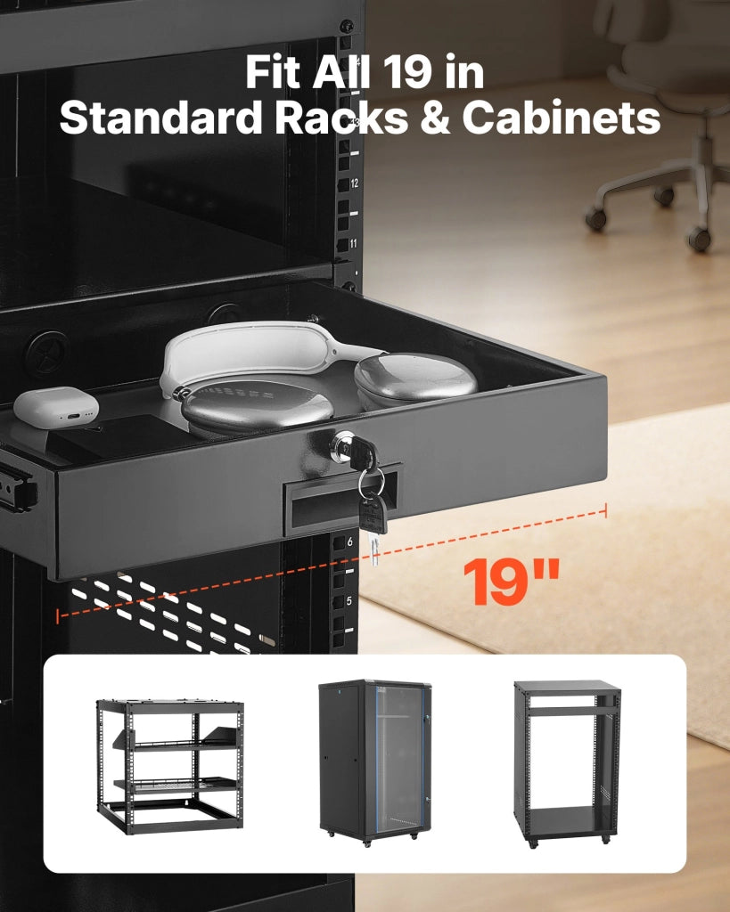 Cassetto per Rack 2U SPT-T300-2A 482 mm, Acciaio Robusto con Serratura e Fori Cavi, Carico 22,68 kg, per Armadio Rete AV