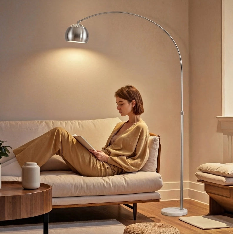 Lampada da terra ad arco argento con base in marmo, 167 cm, attacco E27