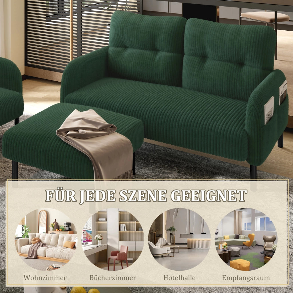 DIVANO Set da 3 pezzi 2 posti, poltrona e pouf in cord verde smeraldo