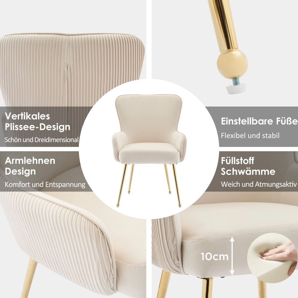 Set di 4 sedie da pranzo - con braccioli e supporto lombare - in velluto - beige e oro