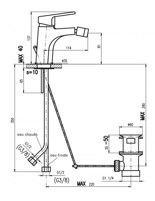 Miscelatore bidet COLORADO in ottone dorato con sifone